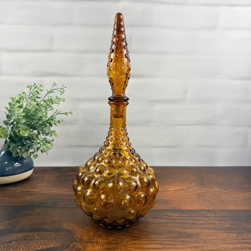 Empoli Large Bubble Squat Amber Genie Bottle Decanter Italian Glass MCM